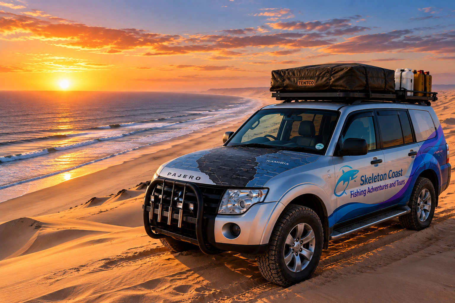 Skeleton Coast branded 4x4 overlooking the Atlantic coast at sunset